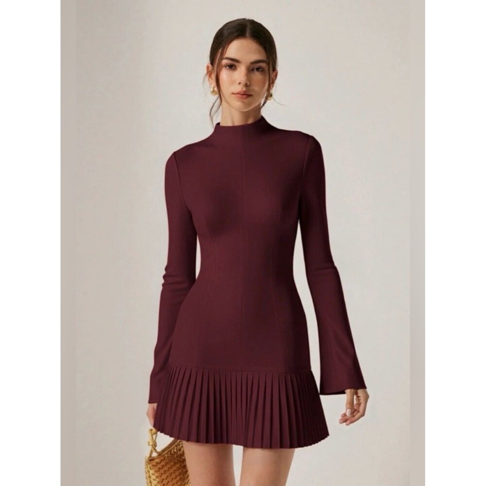 Commense Burgundy Bell Long Sleeve Pleated Hem Mini Dress Size Small - Picture 7 of 7